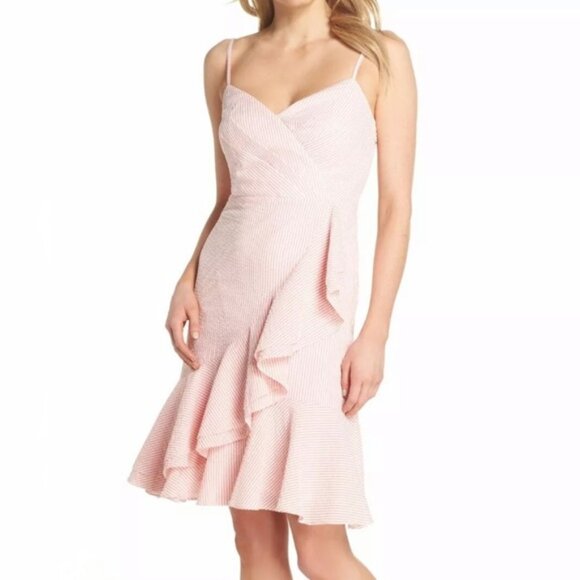 Like New J. Crew pink & white striped seersucker ruffle dress - Picture 2 of 3